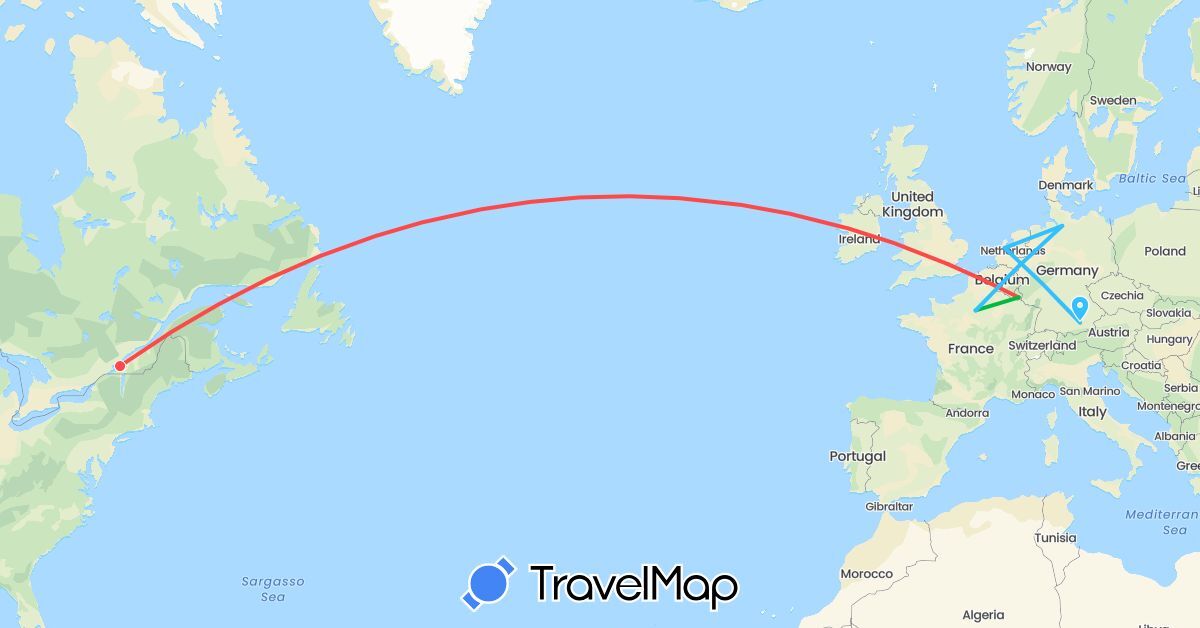 TravelMap itinerary: driving, bus, hiking, boat in Canada, Germany, France, United Kingdom, Luxembourg, Netherlands (Europe, North America)